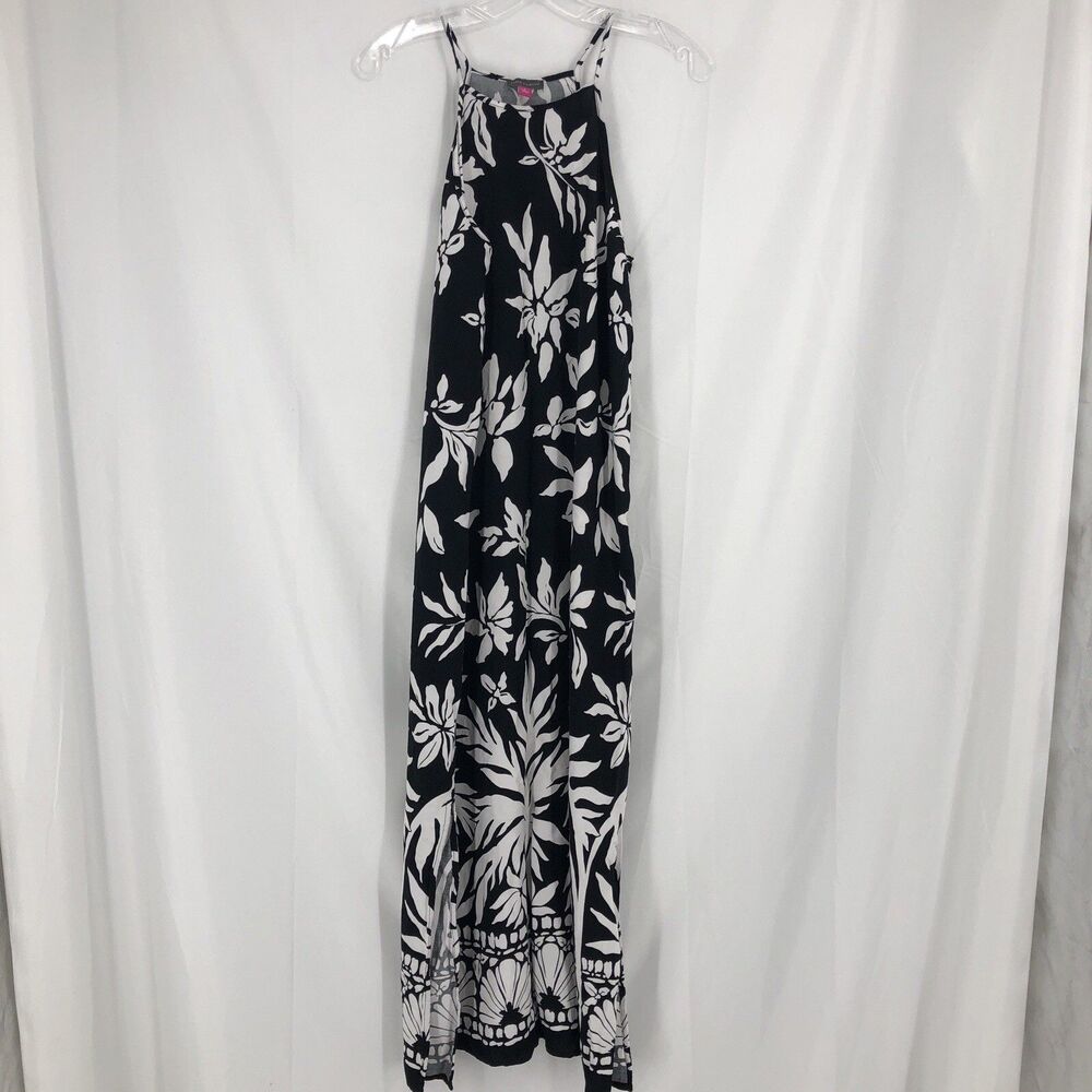 Vince Camuto Palm Challis Maxi Dress Black White Floral Halter Rayon Small